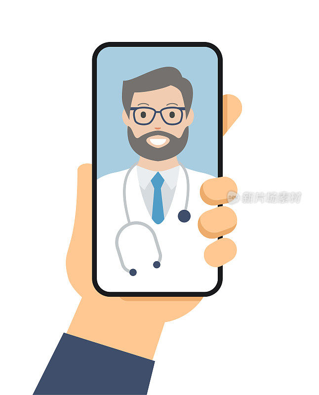 Doctor on Smartphone Screen. Hand holding Smart Phone. Telemedicine. Medical consultation. Vector stock illustration